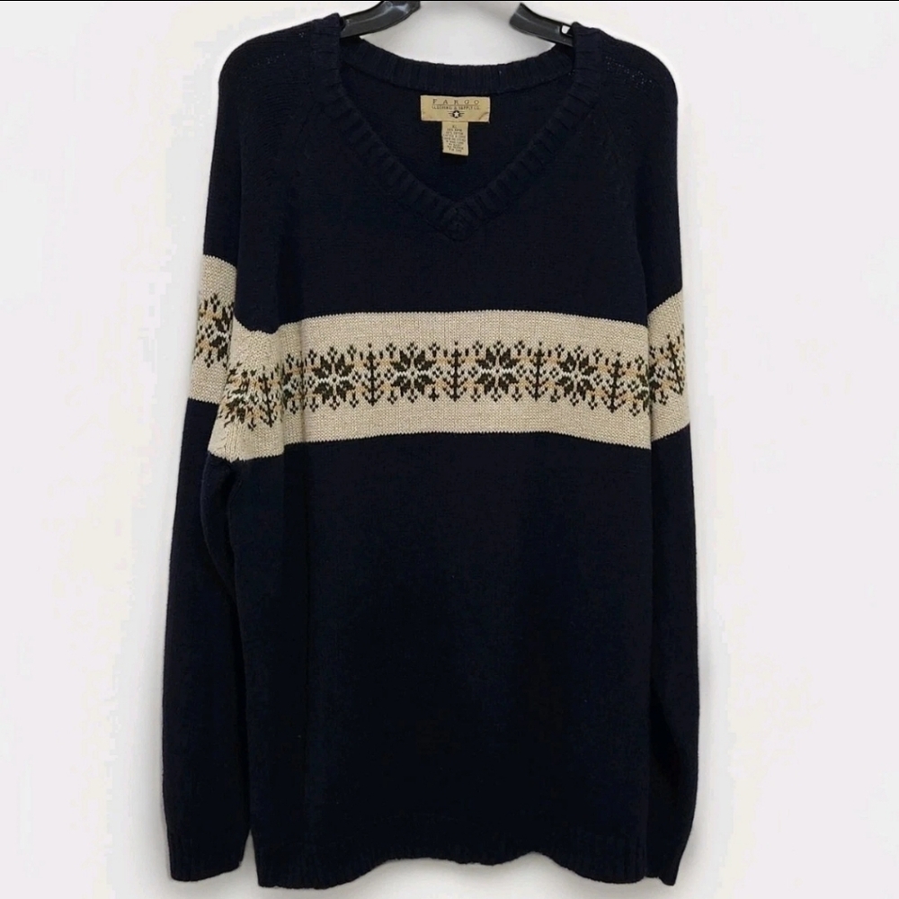Vtg Fargo Mens XL Fair Isle Sweater Pullover Longsleeve Blue V-neck Navy